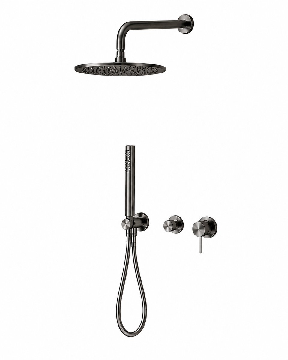Owen & Finch Complete Inbouw Regendoucheset Ø300mm | Gun Metal | PVD | Staafhanddouche | Wandarm