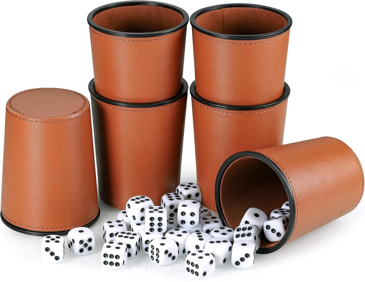 Set van 6 PU leren dobbelbekers met 30 dobbelstenen voor bar- en feestspellen, ideaal voor gezinnen en vrienden