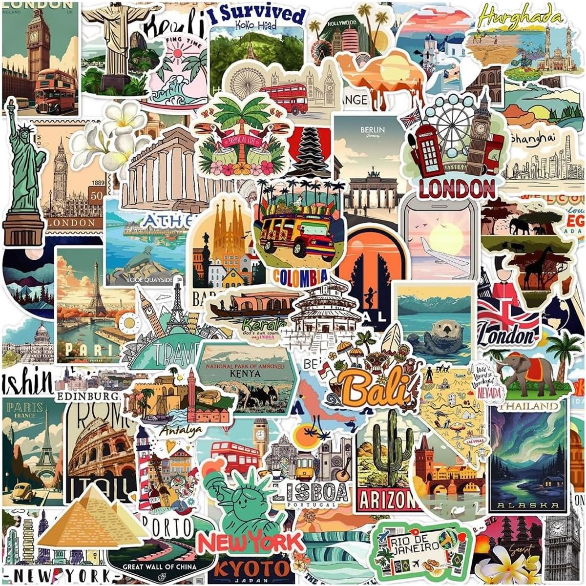 Ontdek 100 wereldsteden met toeristische attracties, waterdichte stickers voor reisdia's en albums