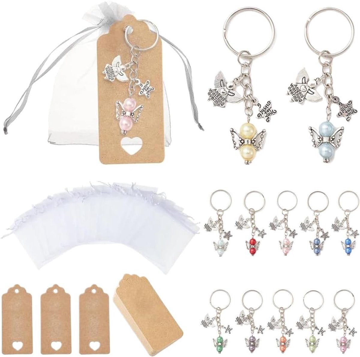 12 Stuks Beschermengel Hangers, Gastgeschenken met Organza Zak, Kraft Papier voor Bruiloft, Doop, Kerst, Verjaardag en Bevestiging