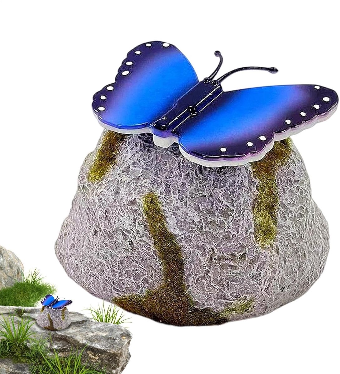 KZQ Solar LED tuinsteentje met vlinder - Verlichte decoratieve tuinsteen voor gazon en tuinpad - Blauw