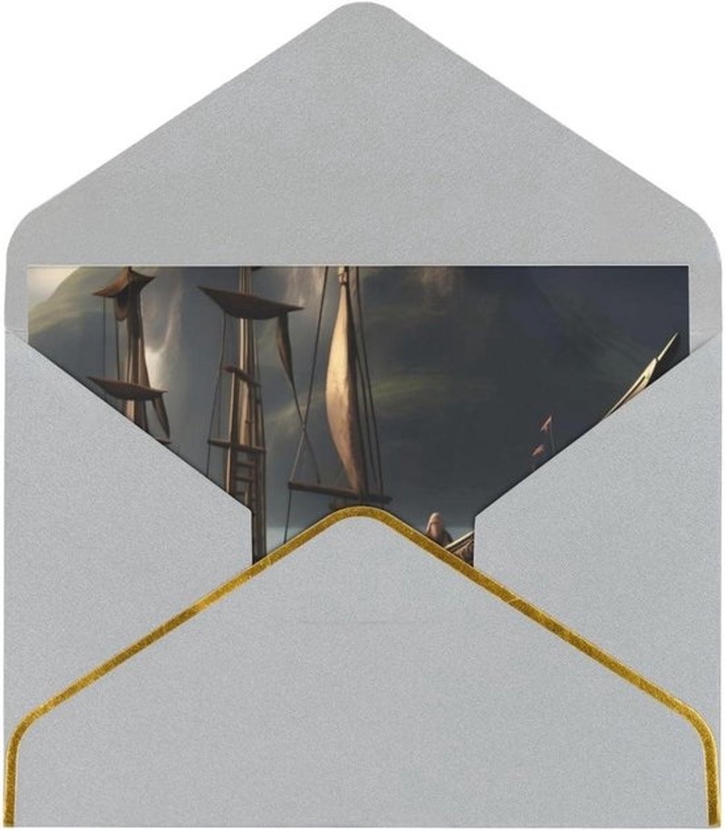 Wenskaart met Piratenschip - Uitnodiging Notecard - Feestelijke Gelegenheden - Parelpapier met Gouden Rand - 115 cm x 16 cm