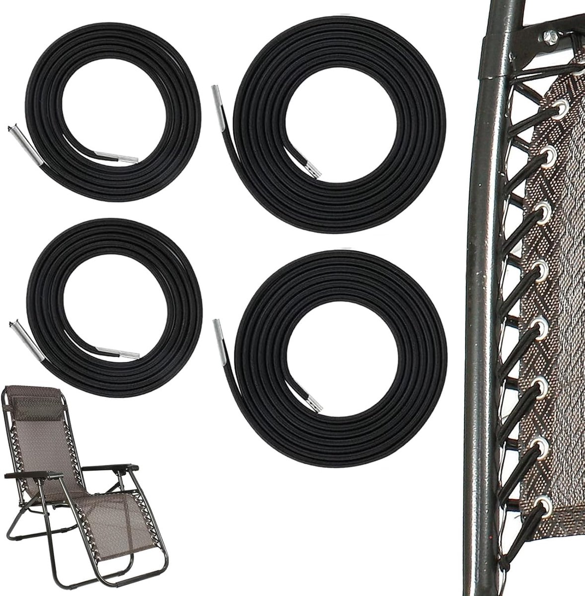 Set van 4 Vervangende Elastische Straps voor Ligstoel, Duurzame Elastische Touwen voor Relaxstoelen, Zero Gravity, Zwart