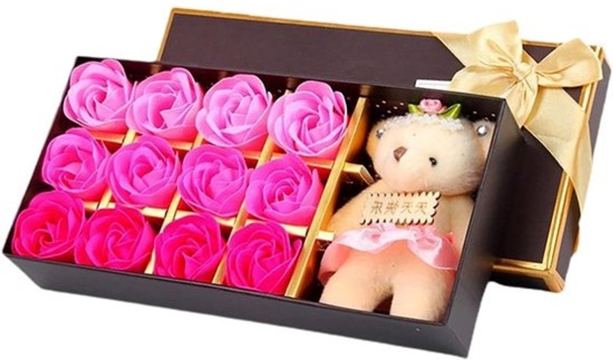 Zeep Rozen Bloem - Neprozen Decoratieve Bloemen - Cadeau Geven - Met Beer Pop - 12 stuks - Roze