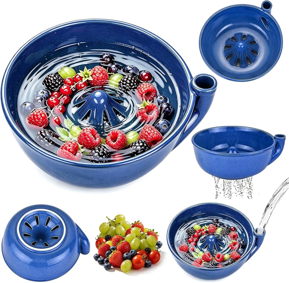 KZQ Keramische draai spoelkom voor fruit - Vergiet en fruitafvoer voor keuken - Geschikt voor bessen en klein fruit - Blauw