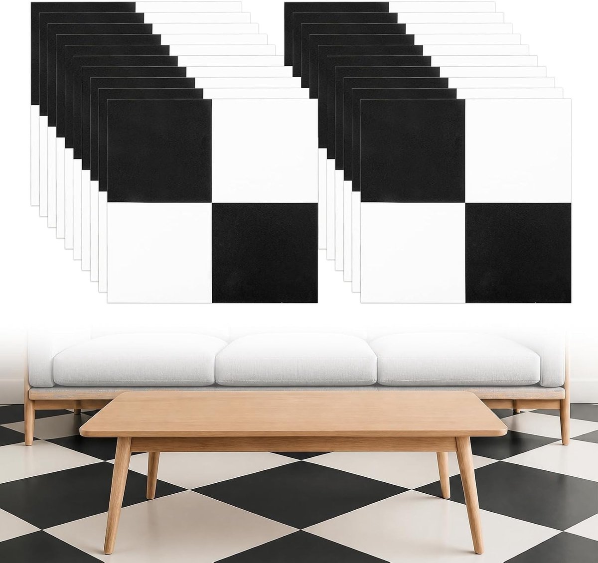 Set van 20 Zelfklevende PVC Vloertegels 30 x 30 cm Zwart-Wit Schaakbord Design Waterdichte Vloerstickers voor Keuken en Woonkamer