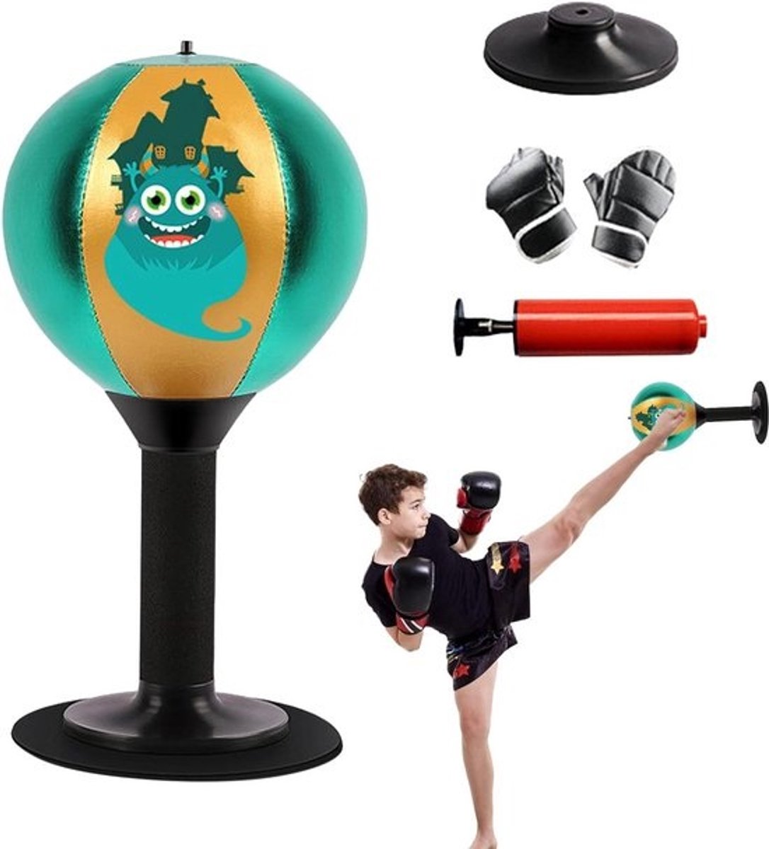 Bokszak Kinderen - Speedbag Zuignap - Ontspanning Oefenen - Sterke Zuignapbevestiging - 37x17.5 cm - Klein Monster