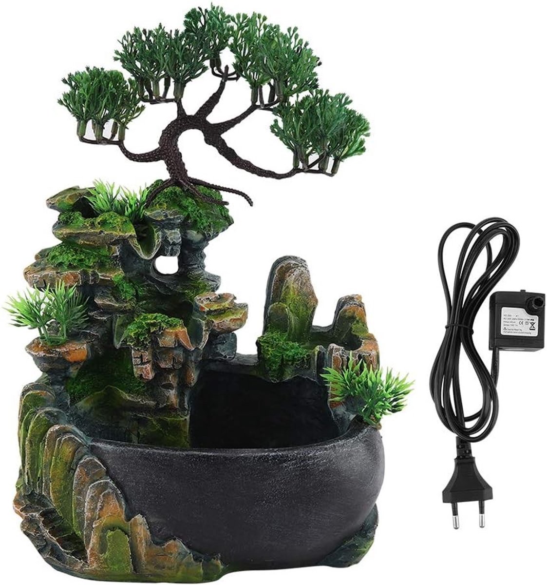 Kleine Waterval Tafel Fontein met Feng Shui Wiel en Groene Plant voor Home Decoratie, Verfrissende Luchtbevochtiger met LED Kleurenverandering en Zen Meditatie Effect