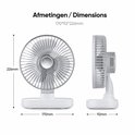 Witte tafelventilator met metalen rooster en kunststof basis. Afmetingen: 170x92x226mm.