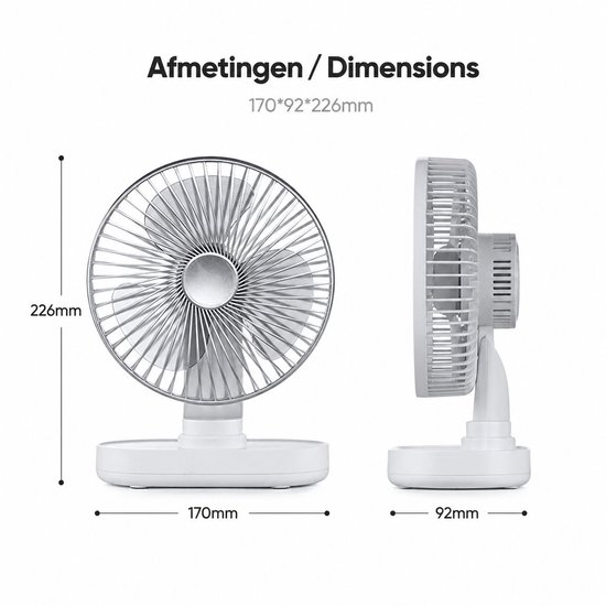Witte tafelventilator met metalen rooster en kunststof basis. Afmetingen: 170x92x226mm.