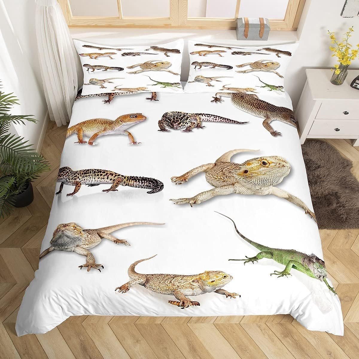 Leopard Gecko Dekbedovertrek Set voor Kinderen, Meisjes en Jongens, Wild Dier Motief, Beige en Groen, Perfect voor Kinderkamers en Dierenliefhebbers