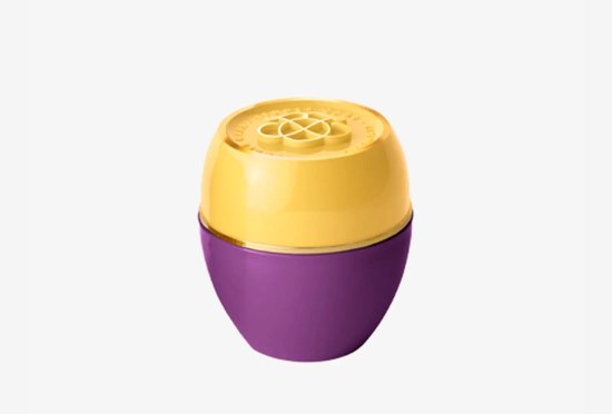 Een paars potje met een gouden deksel, versierd met een bloemmotief.