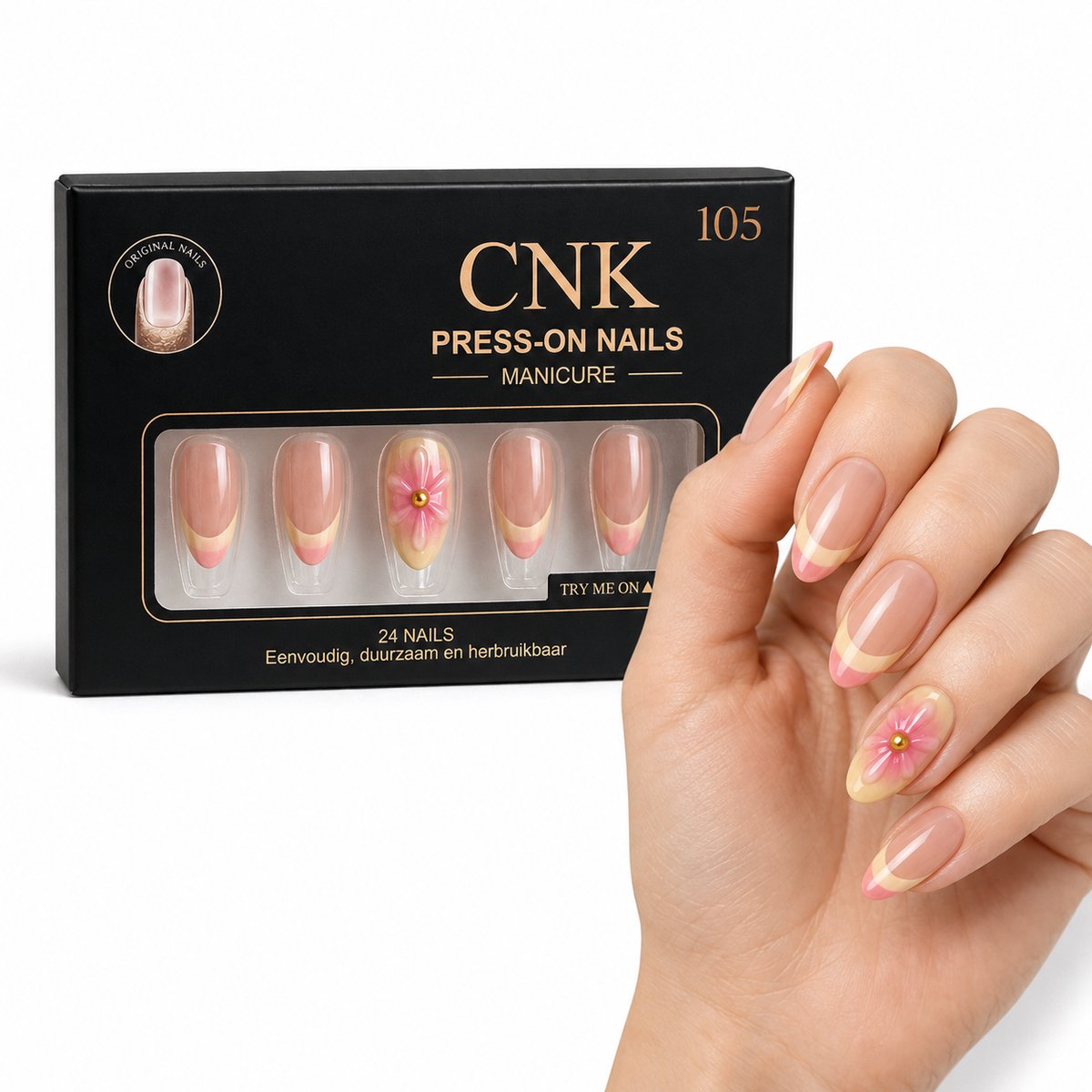 CNK 105 Press On Nails – Amandelvormige Plaknagels – Nude met Roze en Crème French Tips en Bloemaccent – 24 Kunstnagels met Nagellijm en Plakstickers