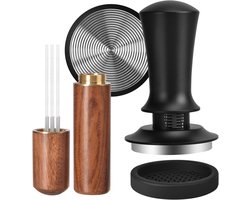 Professionele koffietamper set 51mm met roestvrijstalen basis, 6 fijne espresso naalden en walnoten handvat, inclusief tampermat en filterhouder voor optimale espresso bereiding