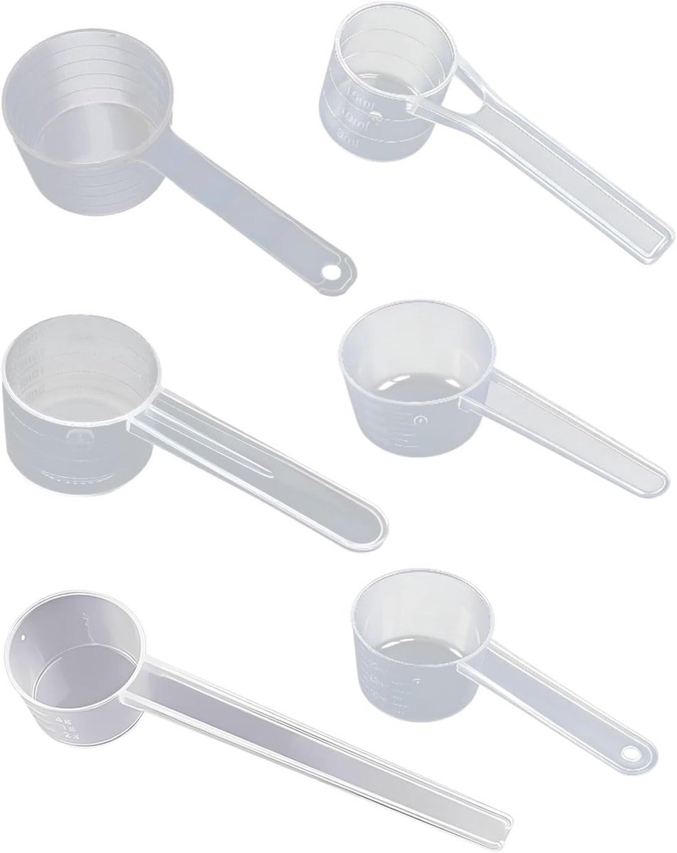 Set van 6 Transparante Dosering Lepels met Schaal van 10ml tot 50ml voor Poeders en Vloeistoffen, Ideaal voor Wasmiddel en Eiwitpoeder