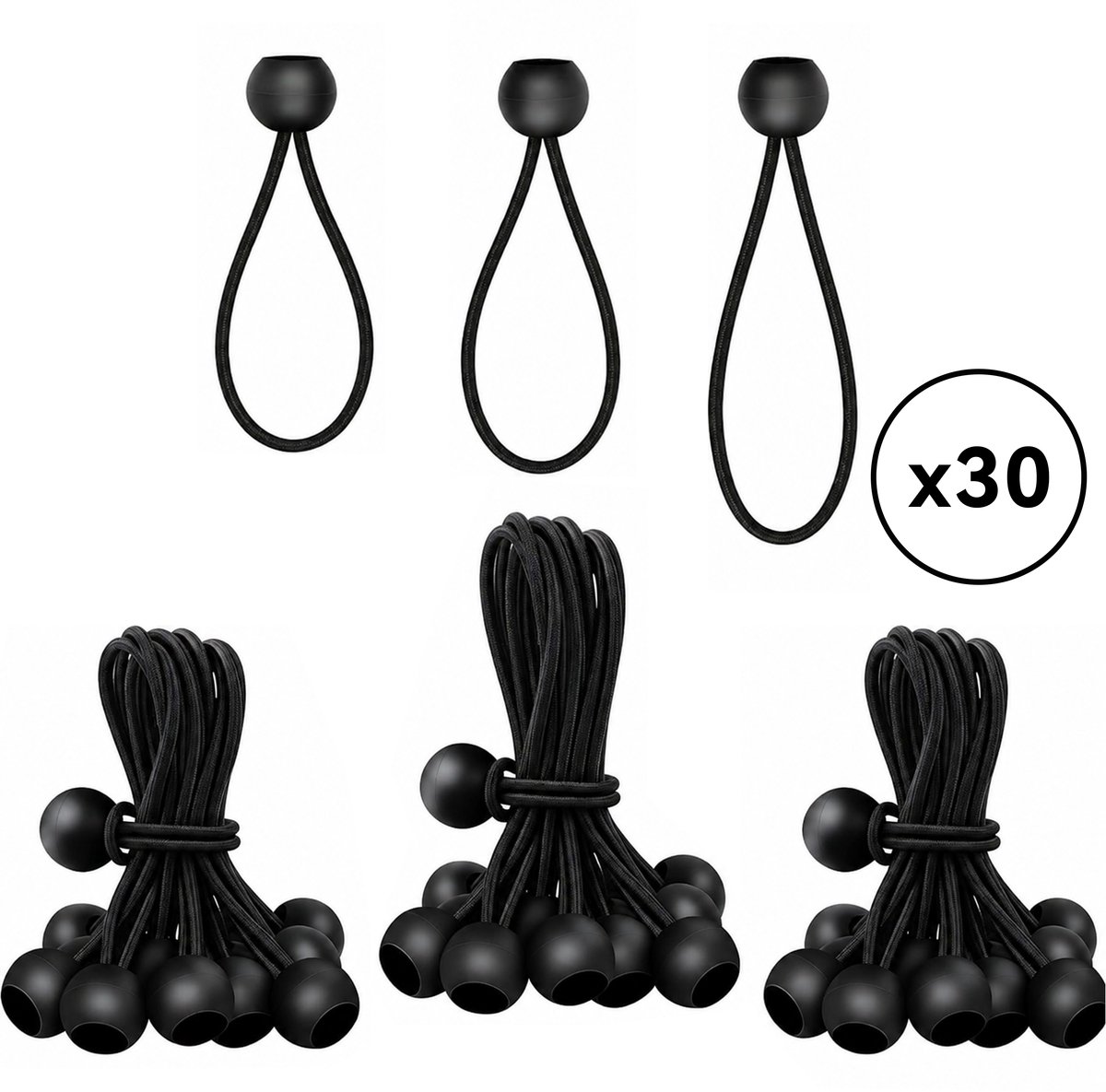 Kaiyaya - 30 stuks Tentspanner met verstelbare lengte - UV-bestendig en weerbestendig met kunststof bal - Voor tenten, schaduwdoeken en dekzeilen - Zwart, 10-15-20cm