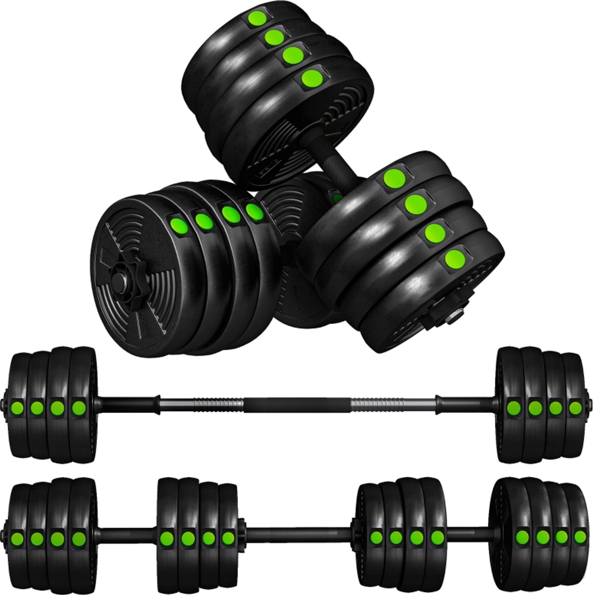 Verstelbaar Gewichtsset 30kg Zwart Groen Dumbbells en Barbell 2-in-1 Kunststof Gecoat Antislip voor Thuisfitness