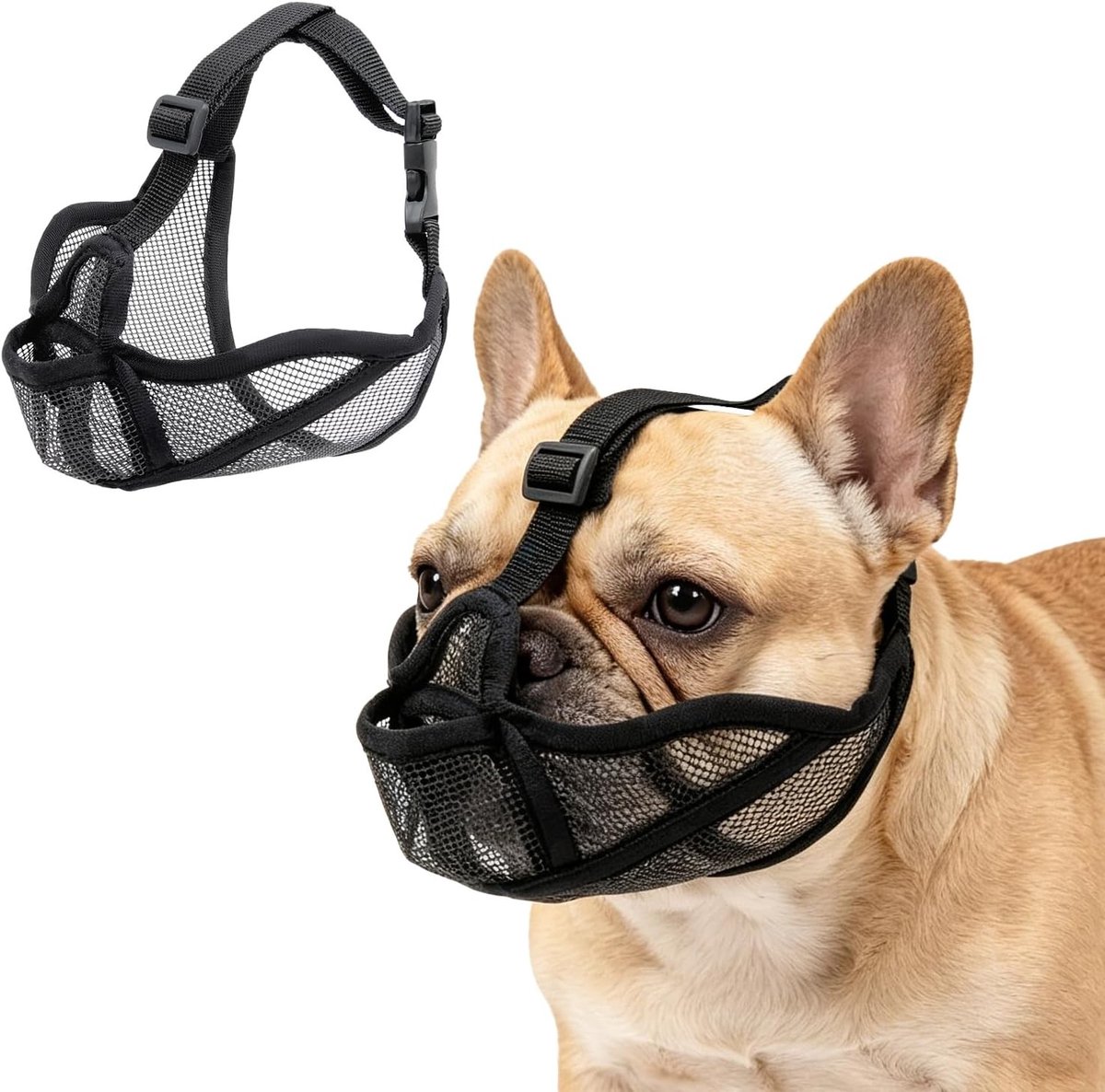 Zachte en Ademende Muilkorf voor Franse Bulldog en Korte Snuit Rassen, Verstelbaar en Zwart, Geschikt voor Pug en Shih Tzu