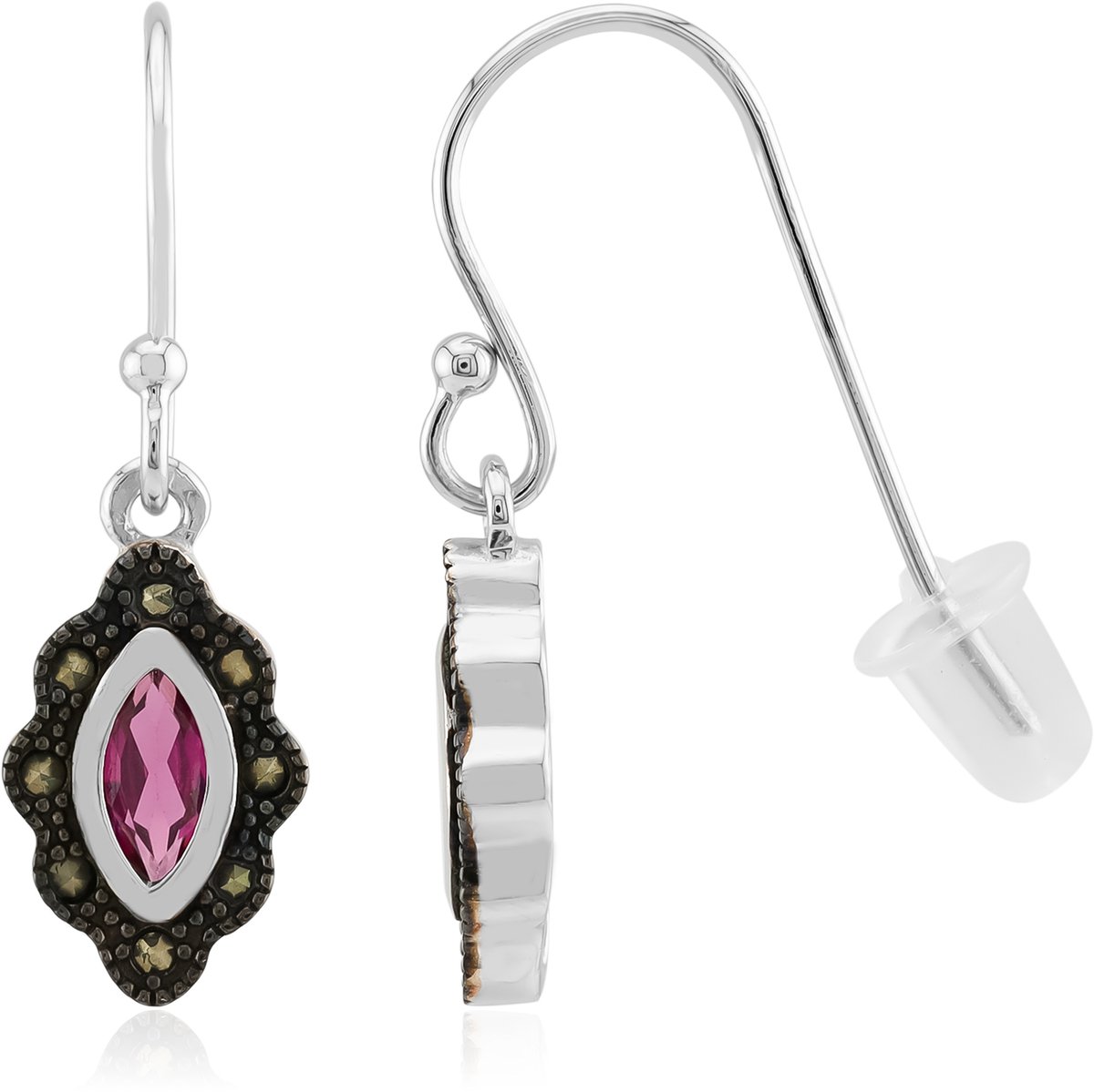 Cavill - Zilveren Oorbellen 925 Sterling met 0,53ct Rhodoliet Marquise en Peruaanse Markasiet - Vintage Honingraat - Elegant Lichtgewicht 22mm