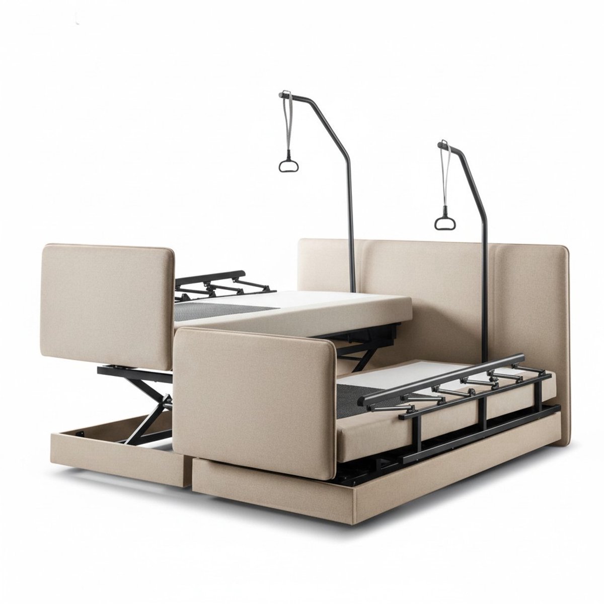 Boxspring CareLift – Hoog-Laag Bed 1-persoons Elektrisch Verstelbaar 90x200 cm – Verzorgingsbed / Seniorenbed – incl. voetbord, zijpanelen & papegaai – Beige