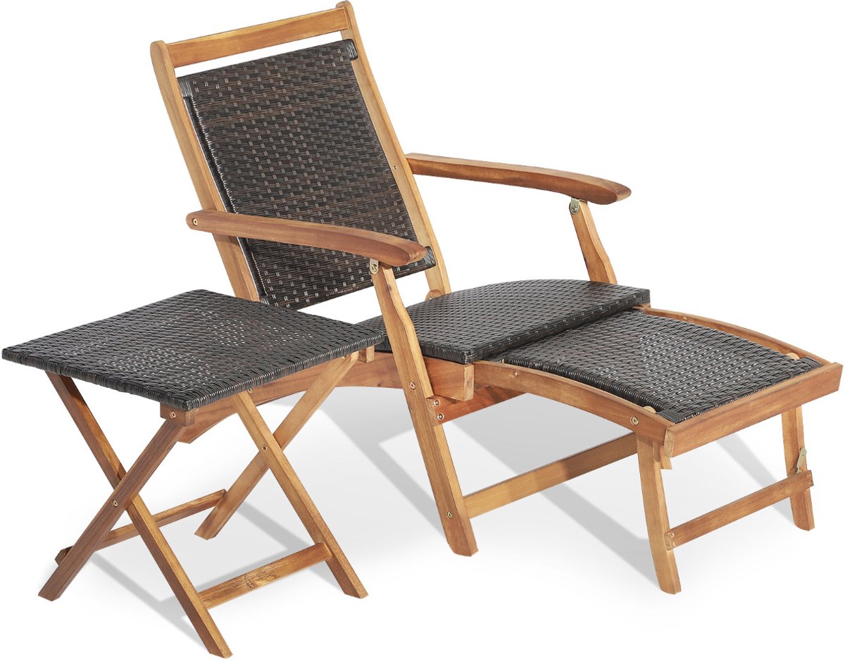 SureDeal® - Tuinmeubel - Delige Tuinmeubelset Stoel - Uittrekbare Voetsteun - Bijzettafel Acaciahout Bruin - 45x45x45 cm - Naturel