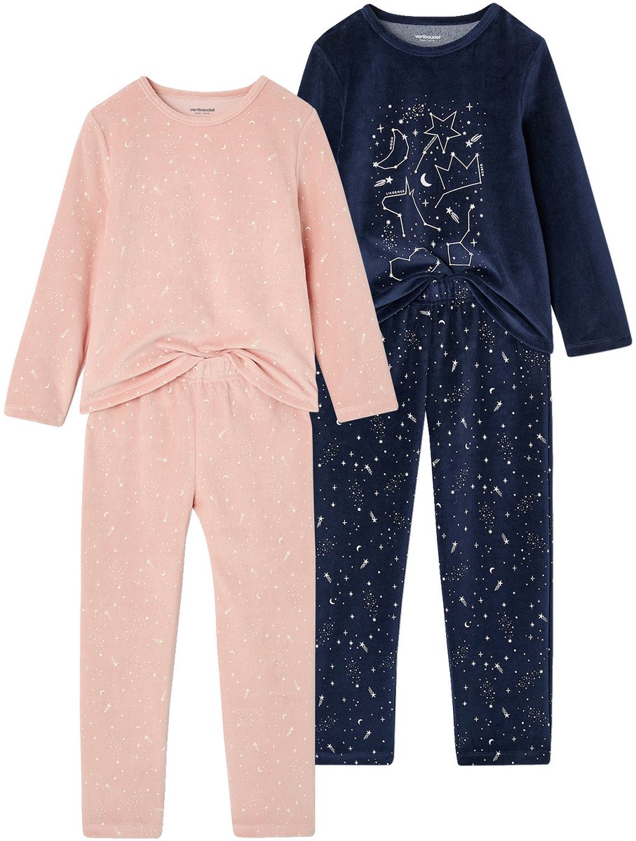 vertbaudet Set van 2 lange velours pyjama's roze (poederkleur)