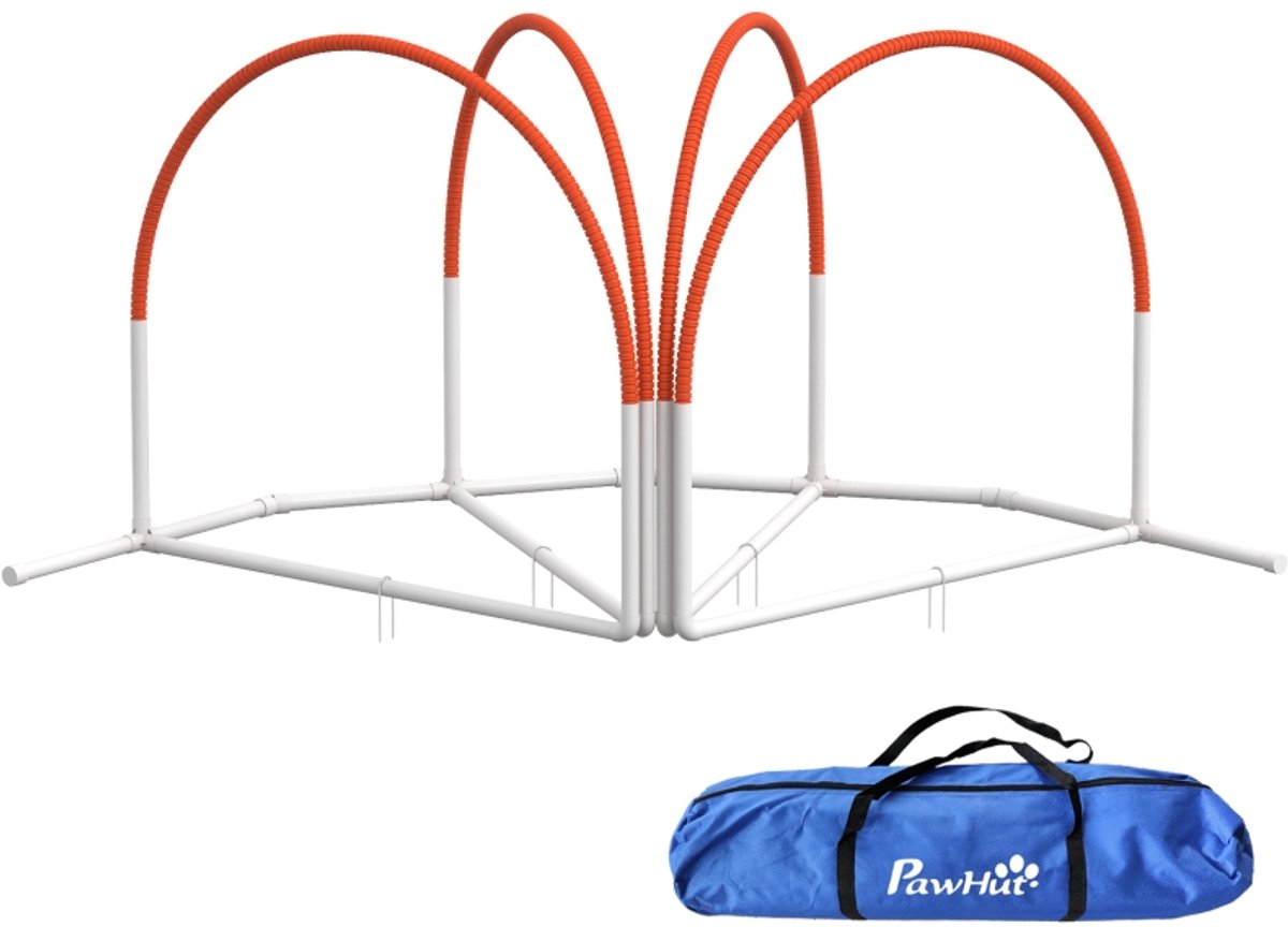 Behendigheidsset 89x69x99 cm Wit en oranje Kunststof Hondentraining Set van 4 onderdelen Vrij op te stellen Met opbergzak Makkelijk schoon te maken Duidelijke instructies eenvoudig te monteren Voor tuin en park