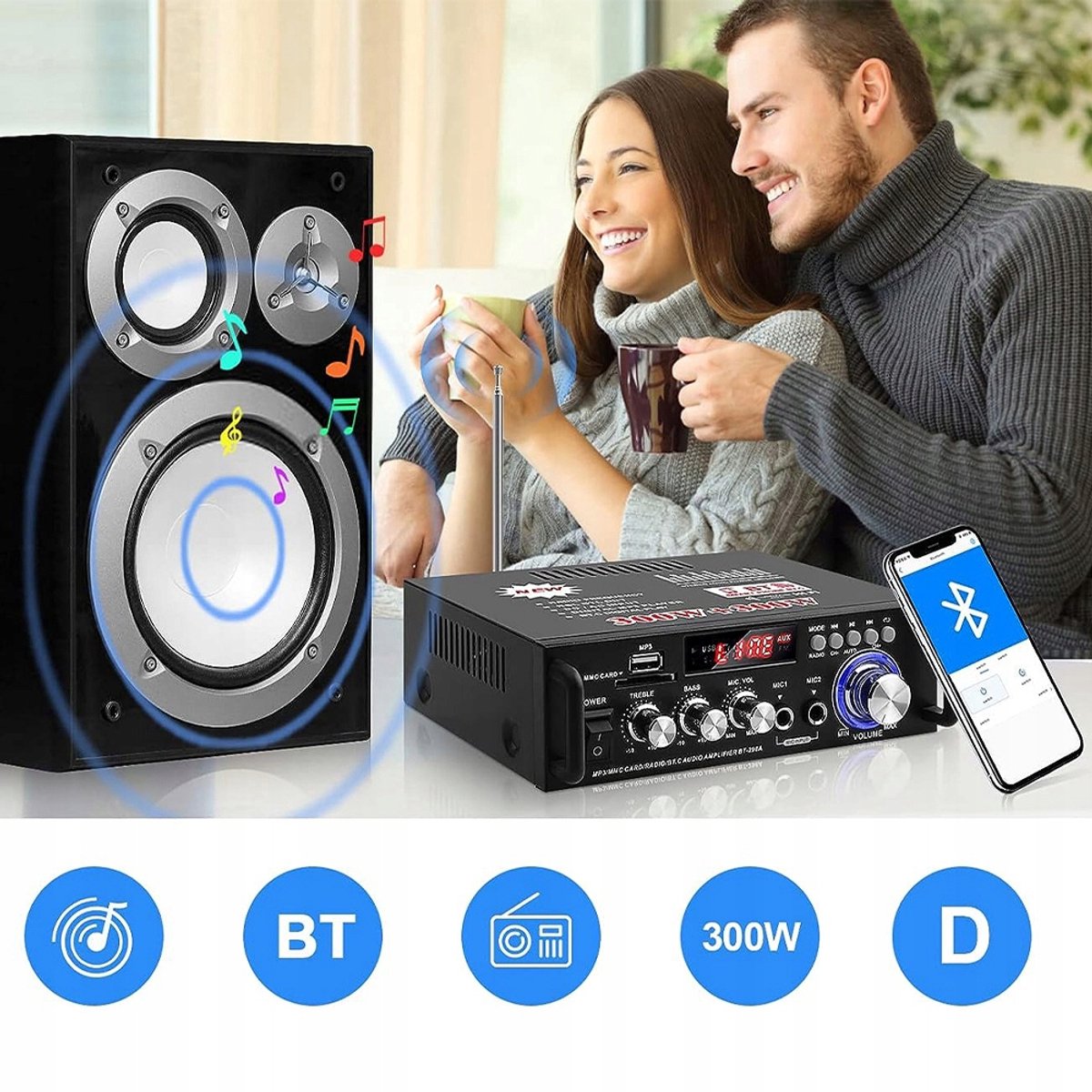 Bluetooth Versterker - Mini Versterker - HiFi Stereo Audioversterker - 2 Kanalen - 300W+300W - USB/SD - FM Radio - Dubbele Microfooningang - Afstandsbediening - 12V/220V - Voor Karaoke & Home Cinema thumbnail 6
