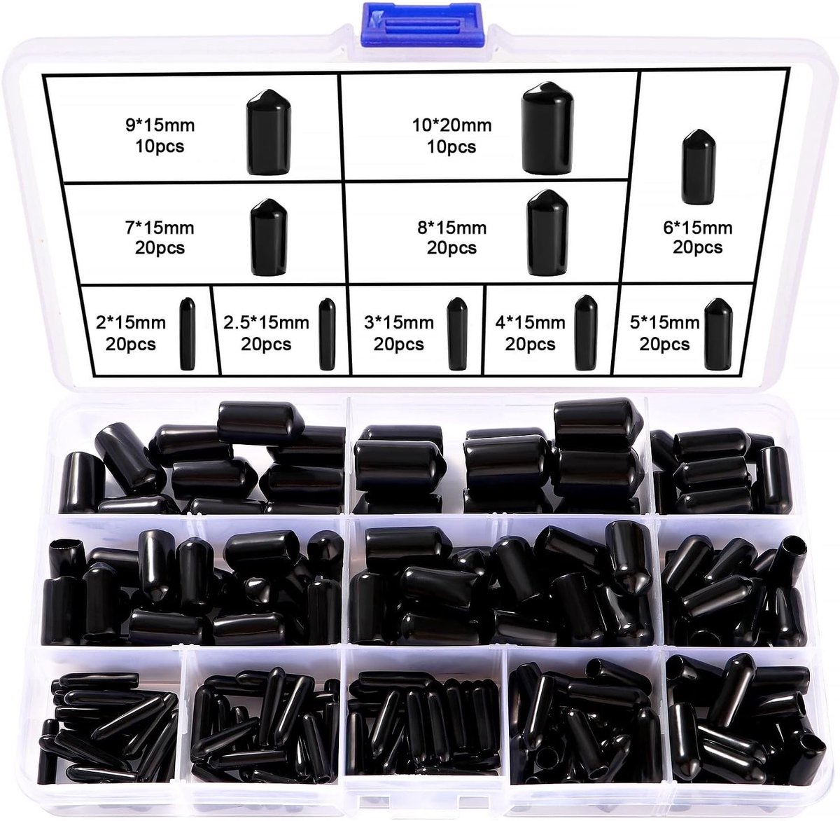 180 Stuks Rubber Einddoppen Assortiment Set van 2-10mm, Bescherming voor Schroeven, Buizen en Kabels, Zwart