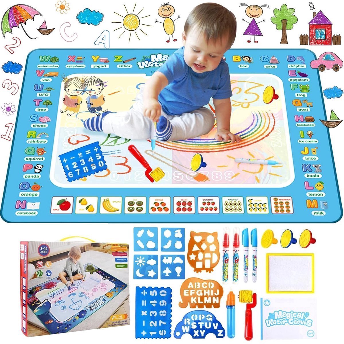 Water Tekenmat - Aqua Magic Tekenmat - Tekenvloerkleed - 100 x 80 cm - met Waterpen, Gereedschap en Stempelaccessoires - Speelgoed Cadeau voor 1 tm 5 Jaar - Kinderspeelgoed - Speelgoed Jongens en Meisjes - Montessori Speelgoed