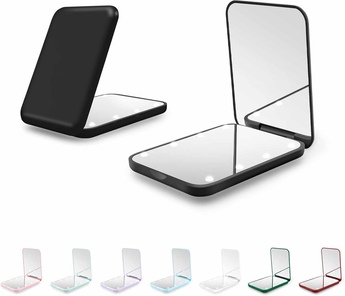 YAGXIG Verlichte mini-make-upspiegel - 1x/3x vergroting - LED-zakspiegel - voor vrouwen - draagbaar-op reis-portemonnee-vriendelijk - zwart - LED-licht - glasvezelmateriaal - werkt op batterijen - rechthoekig