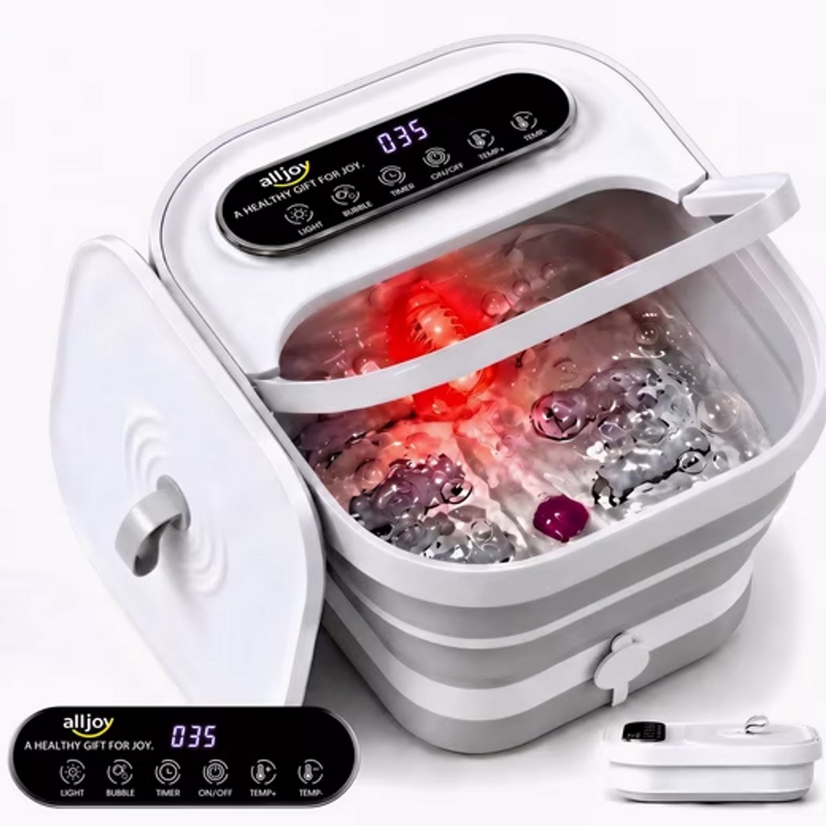 FOSMET Voetenbad - Klapbaar Voetenbad - PTC Verwarming - Voetmassage Apparaat - Instelbare Temperatuur met LED - 6 Massagerollen - Bimssteen - Roodlicht - Ideaal voor Senioren & Thuiswerken - Cadeau voor Ontspanning