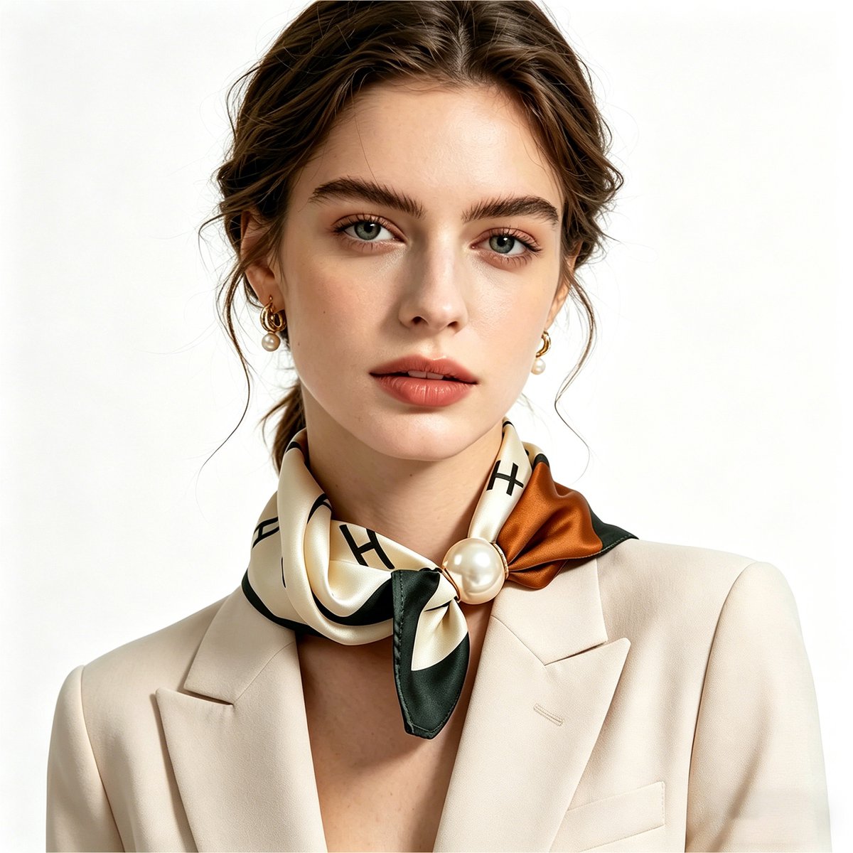Dames Sjaal - Satijnen Zijdesjaal met Parel-Magneetsluiting - Veelzijdige Halsdoek voor Dames - Retro Grafische Print - Magnetische Sluiting - Te Dragen als Halsdoek, Zijdesjaal of Armband - Past bij Blazer, Overhemd, Jas en Jurk
