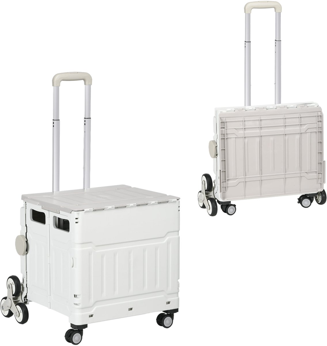 Boodschappenkar, opvouwbaar, met wielen, deksel, telescopische handgreep, tot 80 kg, opvouwbare krat, wit