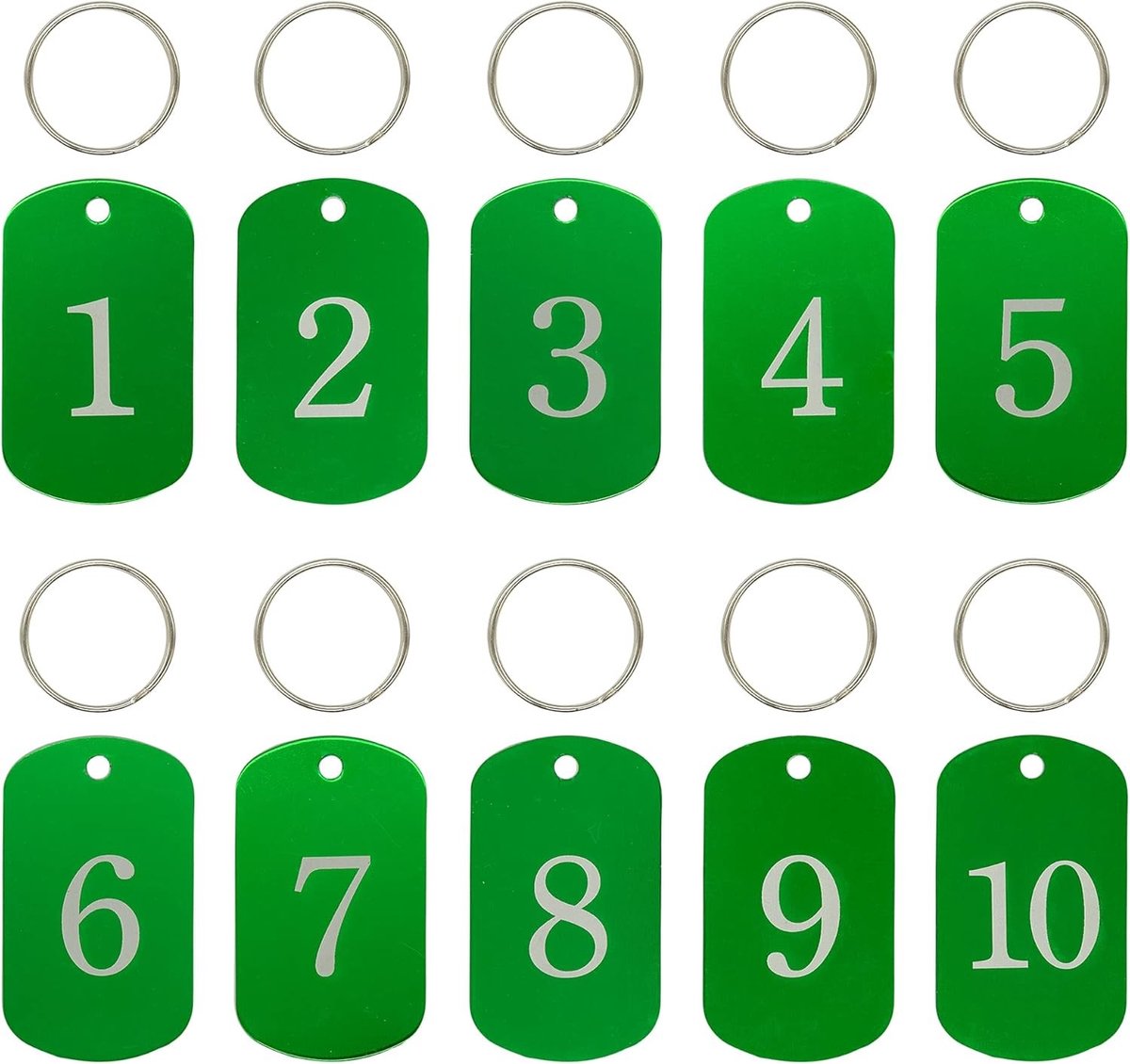 Gegraveerde Nummer Tags van Aluminium met Ringen voor Sleutelhangers (1-50, Groen) - Ideaal voor Organisatie, Identificatie en Labeling