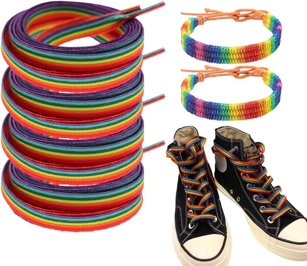Elastische regenboogveters voor sportschoenen met armbanden, kleurrijke platte veters voor hardlopen en dagelijks gebruik, uniseks modeaccessoires van 140 cm voor Pride en LGBT gemeenschap