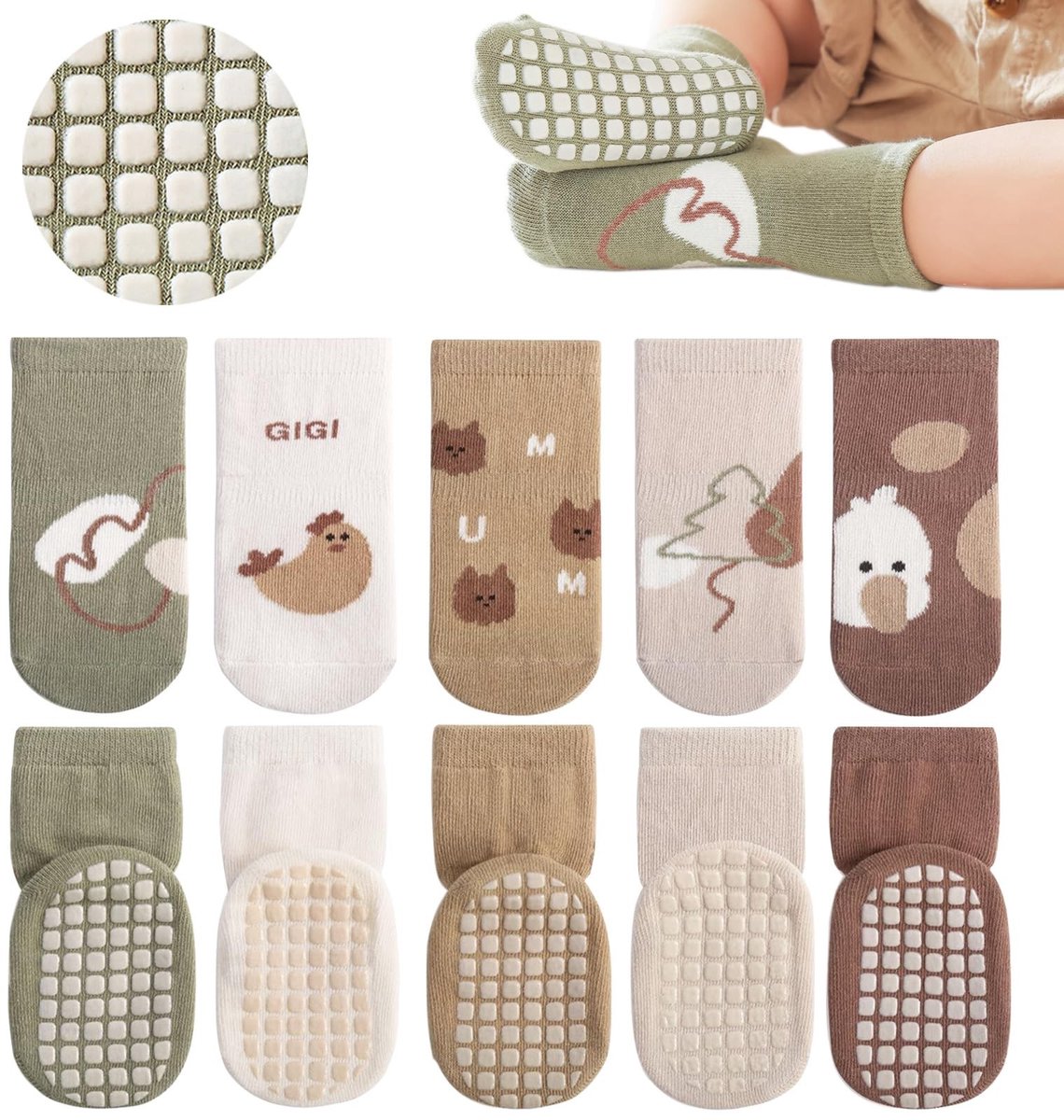 Set van 5 Baby Antislip Sokken - Schattige Cartoon met Grip - Multikleur