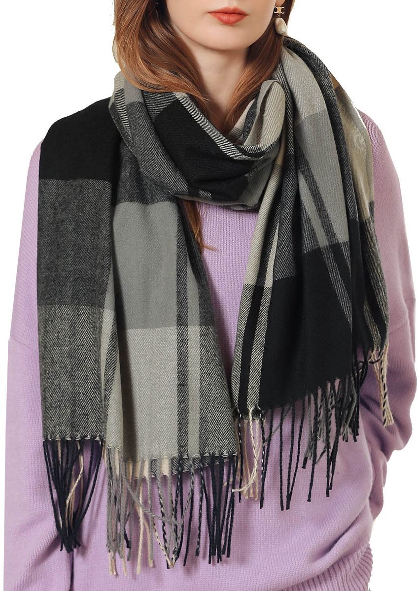 Dames Sjaal - Cashmere Look met Ruitpatroon - Zwart