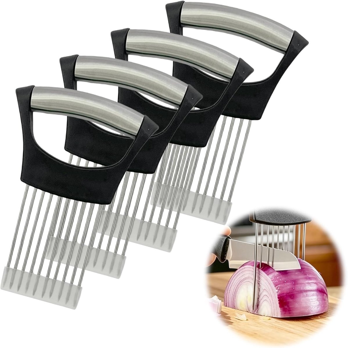 Uiensnijder set van 4 met beschermhoes en groentesnijgeleiding voor gelijkmatige plakjes, veilig keukenaccessoire voor snijden en hakken van groenten.