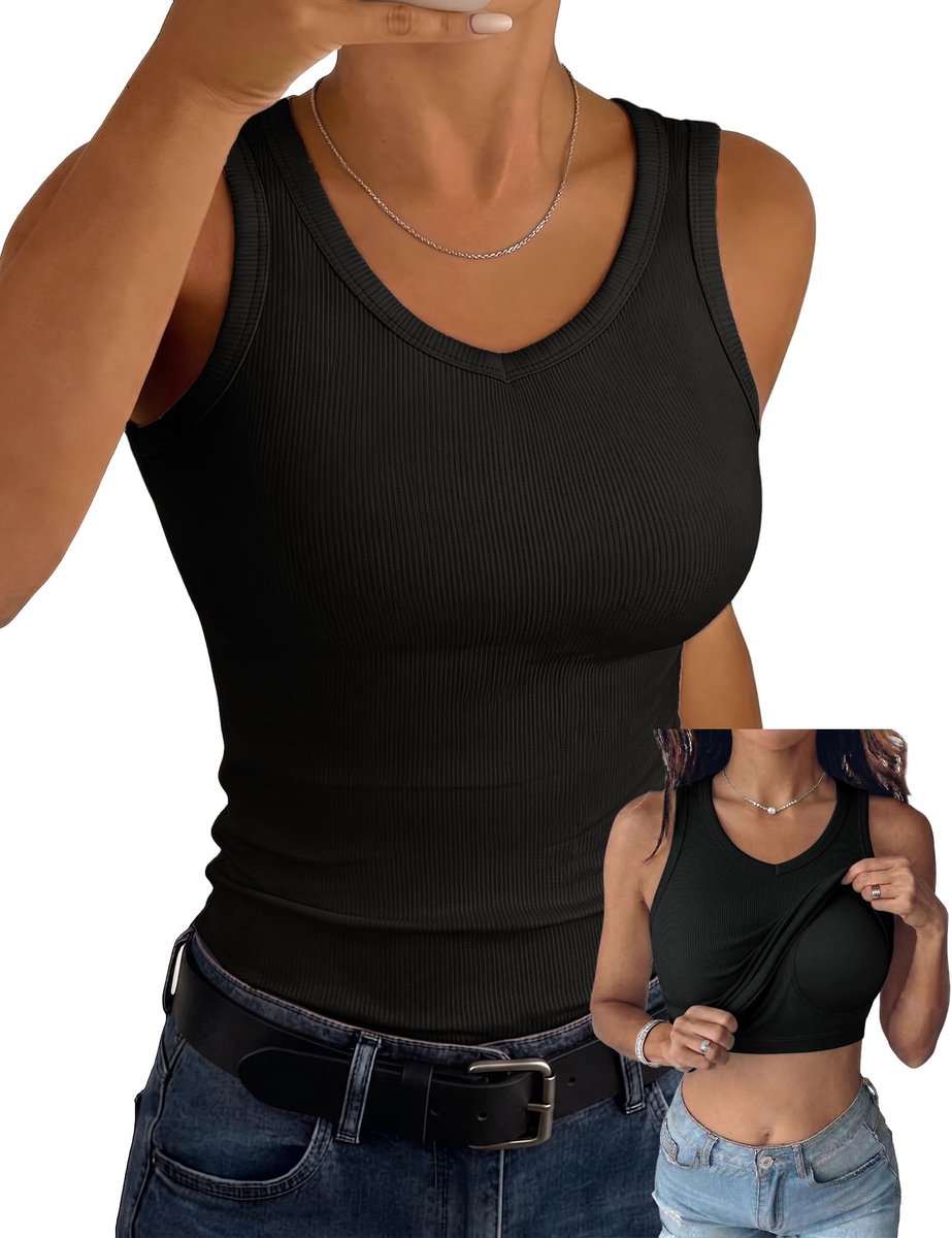 Dames Tanktop met Geïntegreerde Beha - Mouwloos, V-hals - Zwart