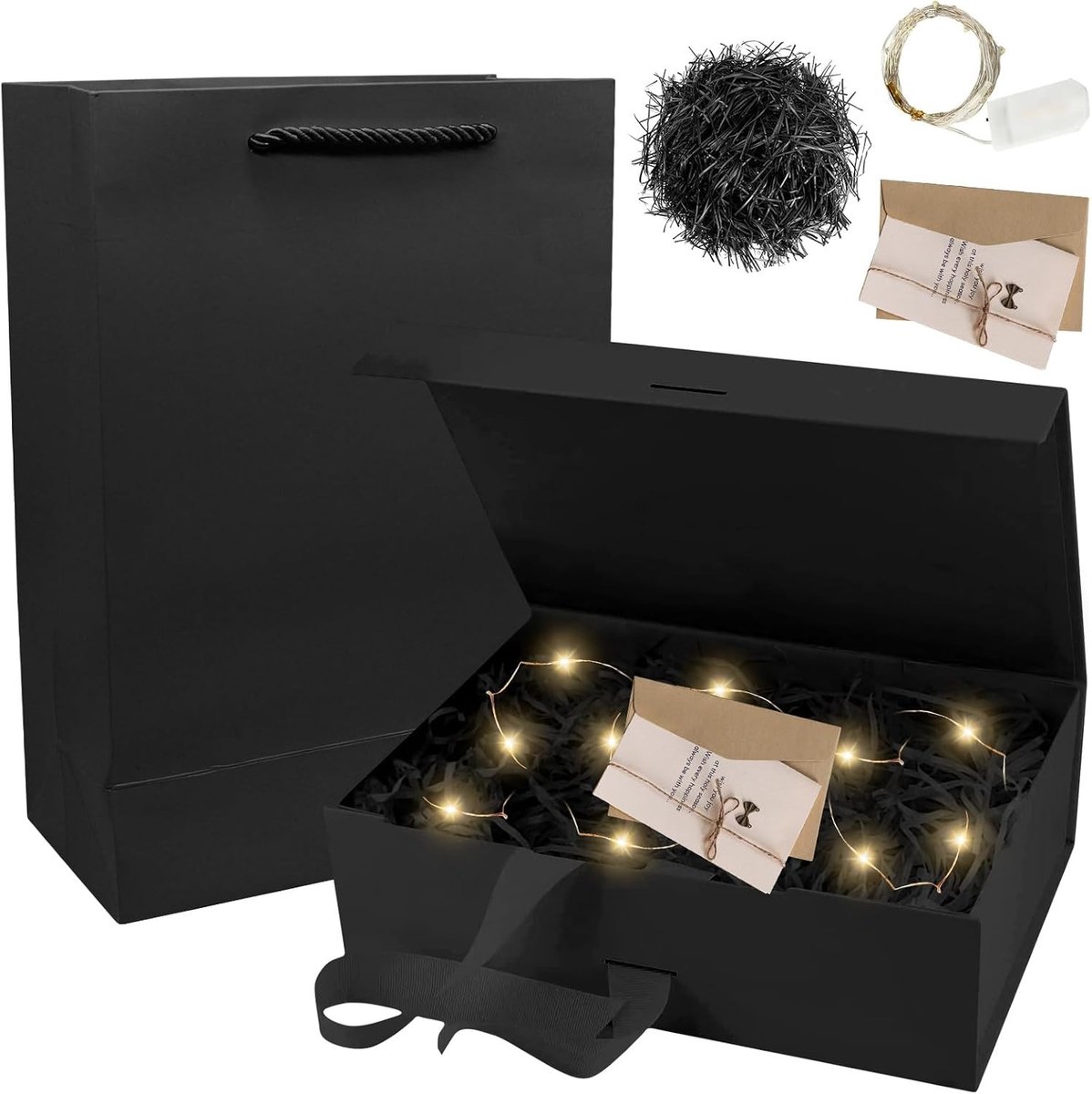 Cadeaubox met Deksel en Strik, Magnetische Cadeaubox met LED Licht voor Verjaardag, Bruiloft en Valentijnsdag, Inclusief Tas en Kleurrijke Ribbons