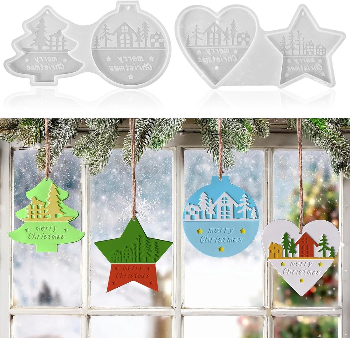 Kerst Siliconen Mallen, 4 Stijlen voor Kerstdecoratie, Ster, Hart en Cirkel, Perfect voor Gieten en Creatieve Ambachten