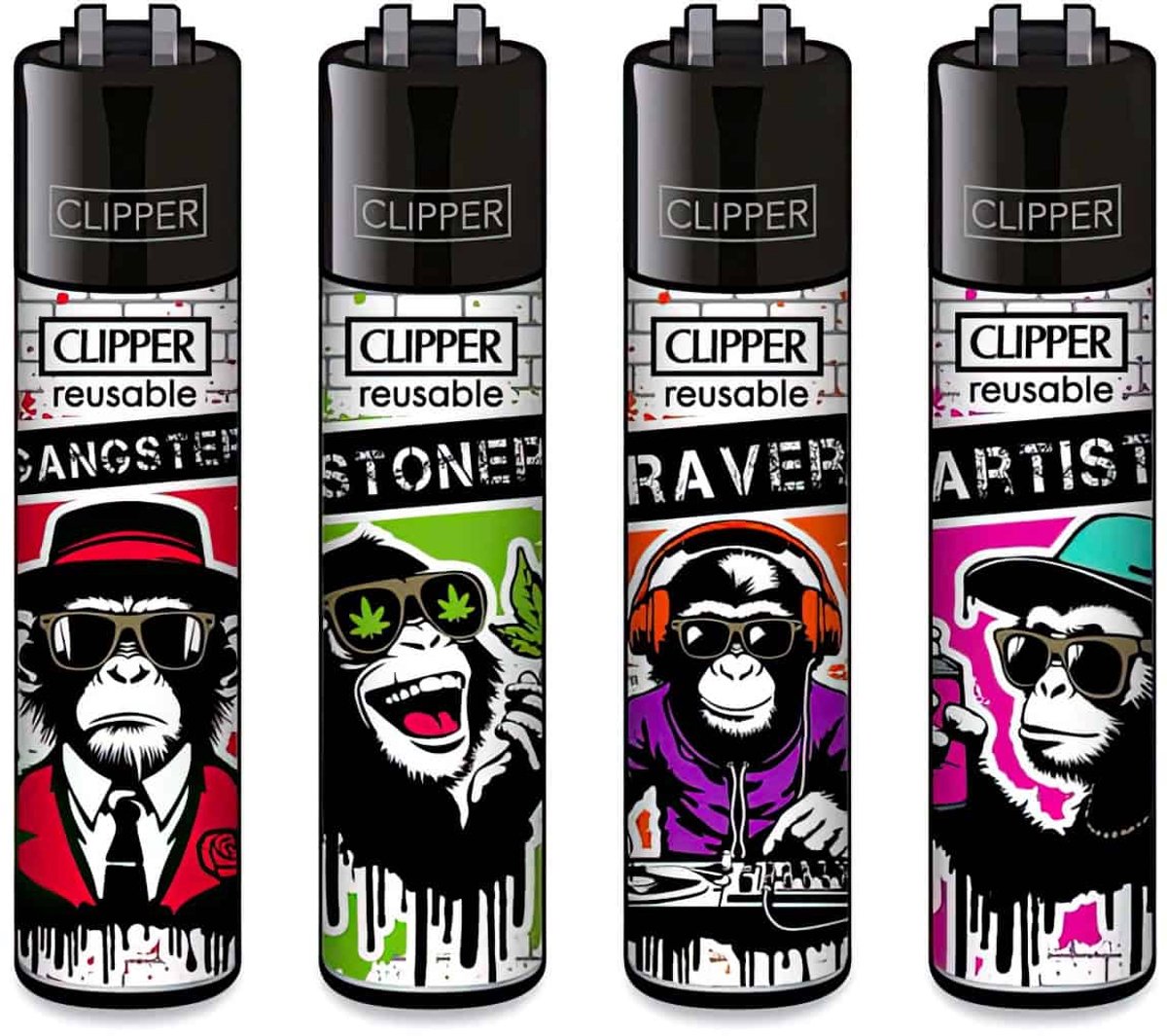 Clipper Classic Large Aanstekers "Urban Chimps" (4 Stuks)