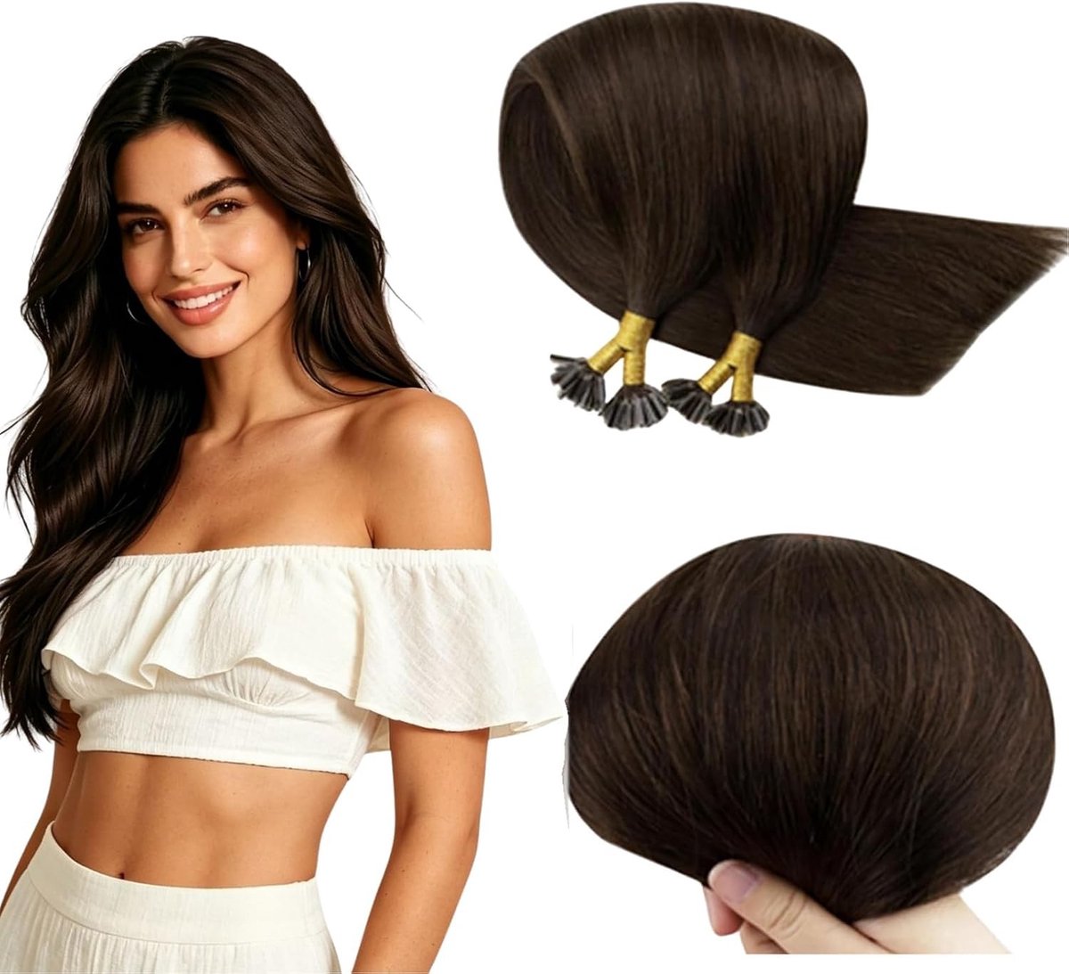 Bruine U Tip Haarextensions - Voorgebonden Echte Mensenhaar 30 cm - Donkerbruin Steil 40g 50 Strengen, Perfect voor Volumineuze Haarstijl