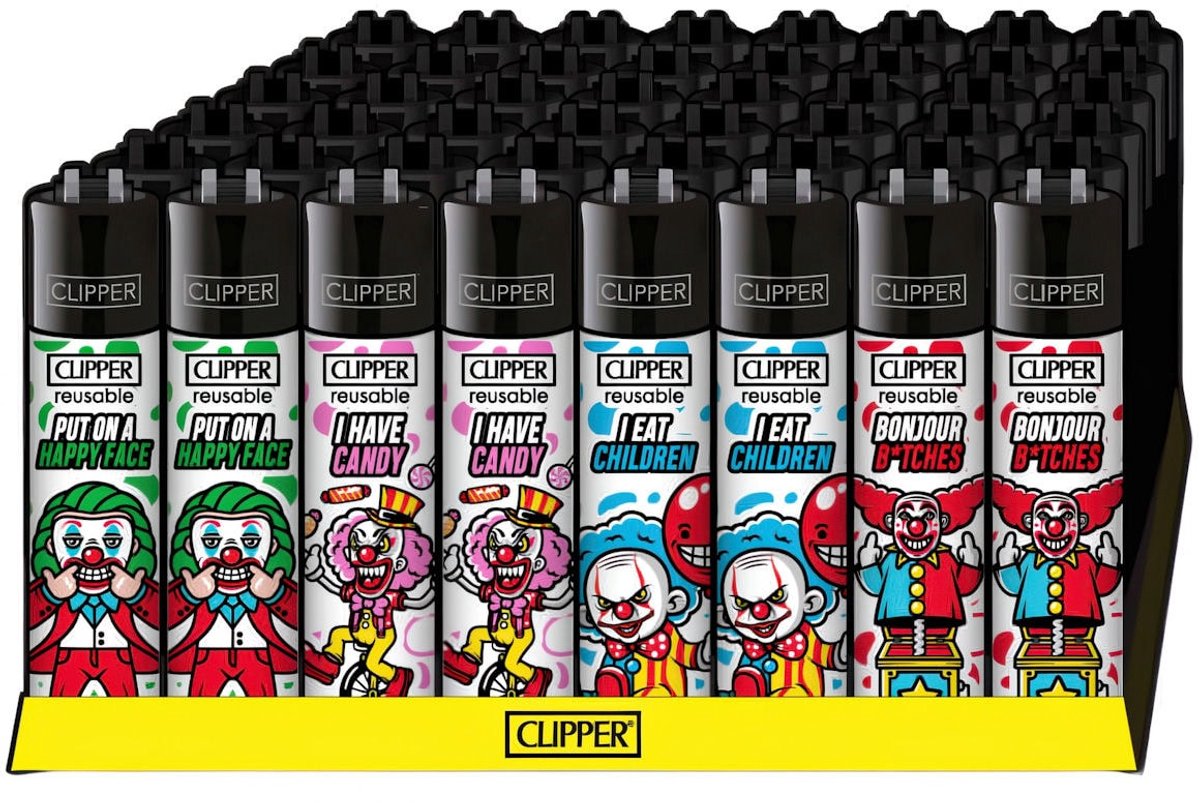 Clipper Classic Large Aanstekers "Clowns" (Display 48 stuks)