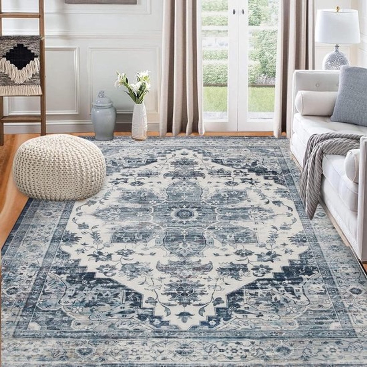 Vintage Vloerkleed - Slijtvast Kleed - Woonkamer Decoratie - Zelfnivellerend - 8 x 10 Feet - Marineblauw