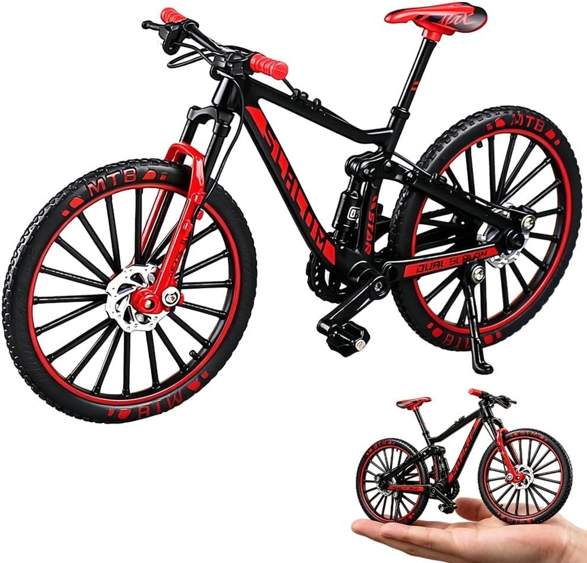 Miniatuur mountainbike model 1:10, speelgoed vingerfiets, decoratief ornament, verzamelobject voor volwassenen, perfect cadeau voor thuis of kantoor (rood)
