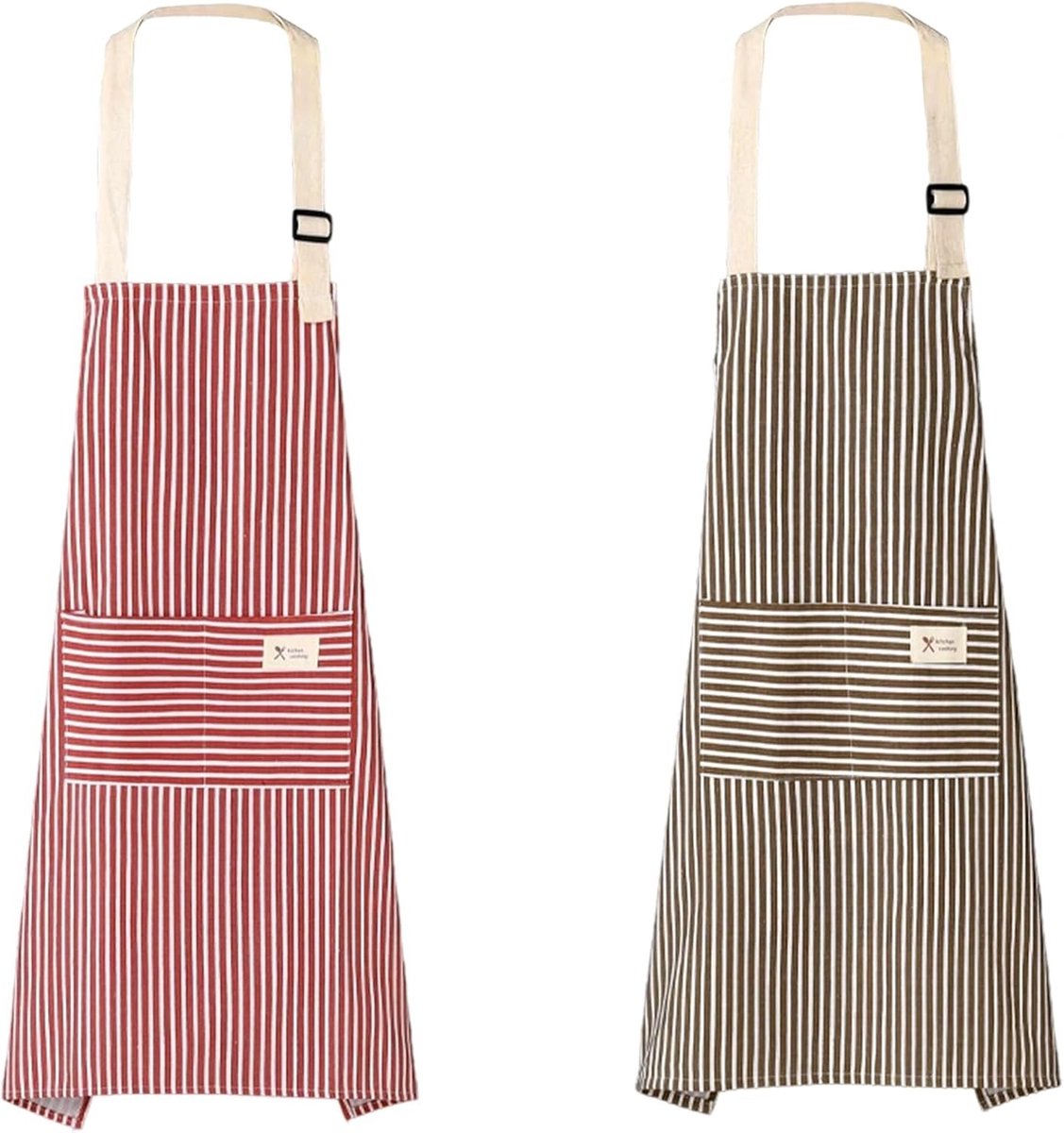 Set van 2 Unisex Keuken Schorten van Katoen en Linnen, Verstelbaar met Zakken voor Koken, Bakken en Tuinieren, Stevig en Elegant