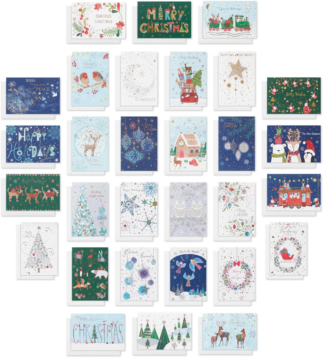 Kerstkaarten Set - 30 Stuks met Enveloppen - Traditionele en Natuurthema