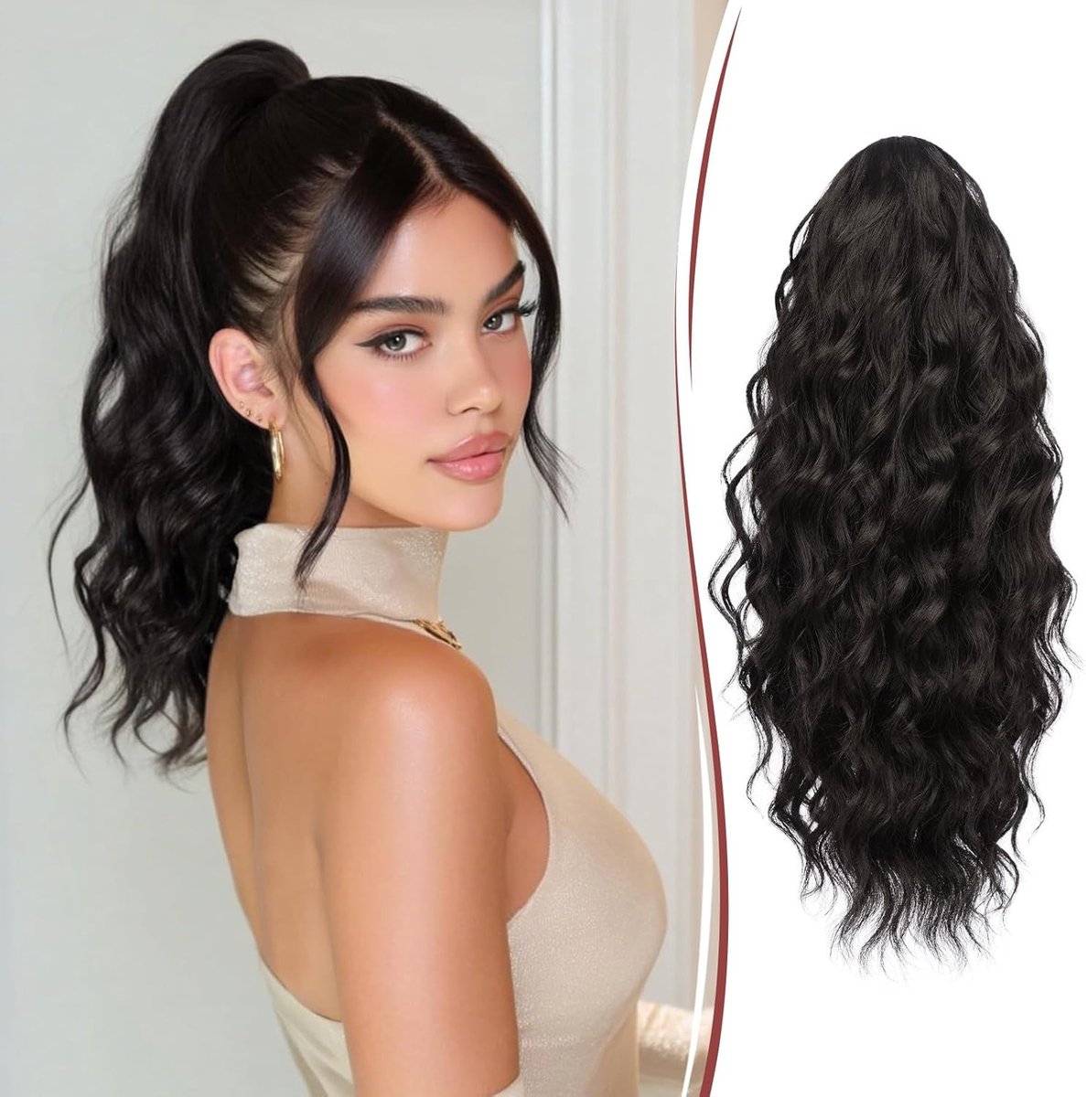 Kralenclip Ponytail Extension, 40cm Lange Krullende Wavy Afro Kinky Ponytail, Synthetisch Haarstuk voor Dames, Zwart Bruin